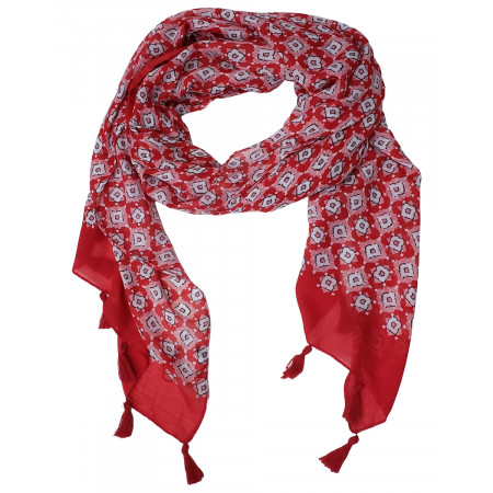 Echarpe rouge rose blanche à fleurs et pompons