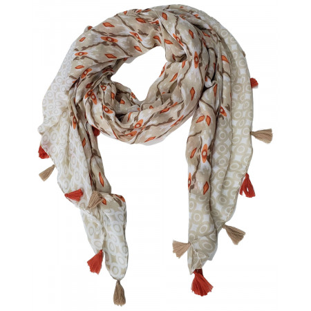 Echarpe beige orange et blanche à pompons et losanges