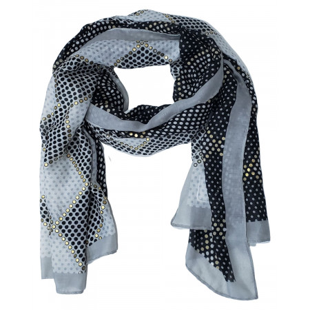 Echarpe à pois noire blanche grise et dorée
