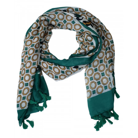 Echarpe verte camel et blanche motifs fleuris et géométriques à pompons