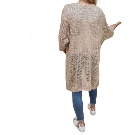 Gilet long crochet beige doré dos étoile