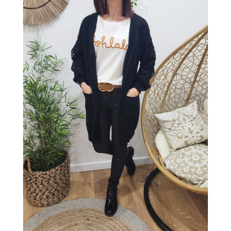 Gilet femme noir manches brodées Malya