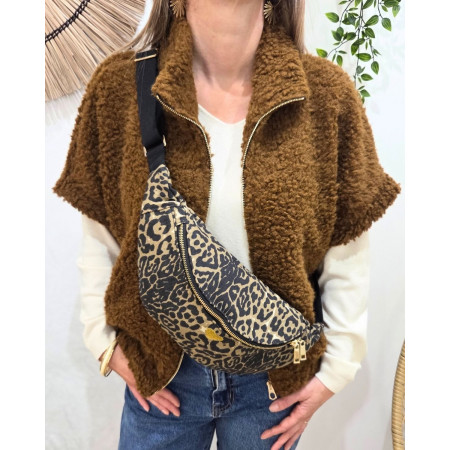 Sac banane femme léopard taupe et noir coeur brodé doré