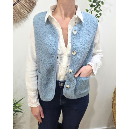 Gilet femme sans manche bouclettes bleu ciel Alya