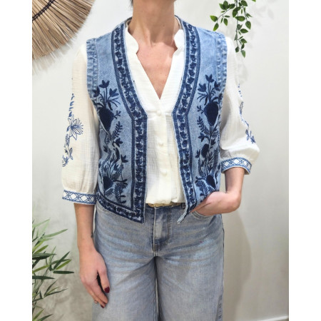 Bolero en jean femme broderies fleuries bleues