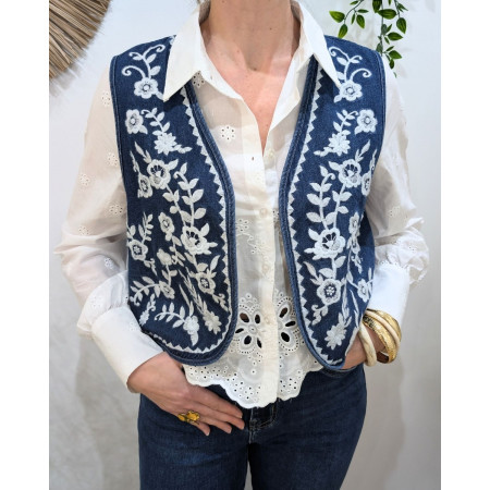 Boléro femme coton jean bleu broderies blanches