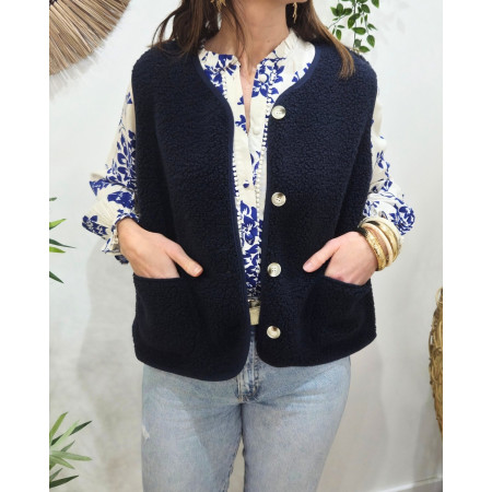 Gilet femme sans manche bouclettes bleu marine Alya