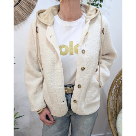 Gilet femme beige mouton bouclettes capuche amovible