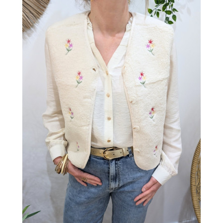 Gilet femme sans manche bouclettes beige fleurs brodées multicolores