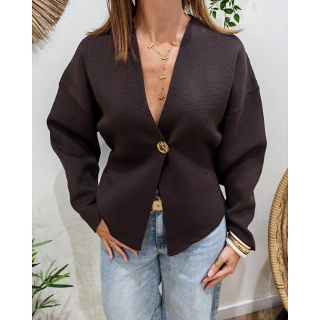 Gilet femme marron choco gros bouton doré Numa