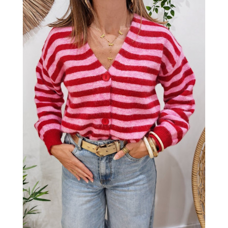 Gilet femme boutonné rayé rose et rouge