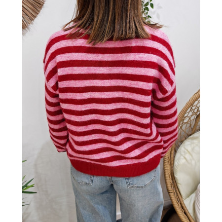 Gilet femme boutonné rayé rose et rouge