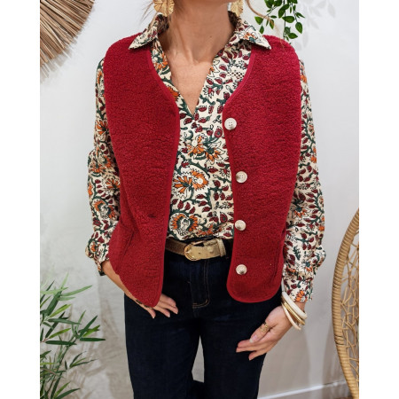 Gilet femme sans manche bouclettes rouge bordeaux Alya