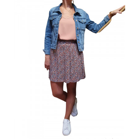 Petite jupe plissée fleurs roses bleues corail