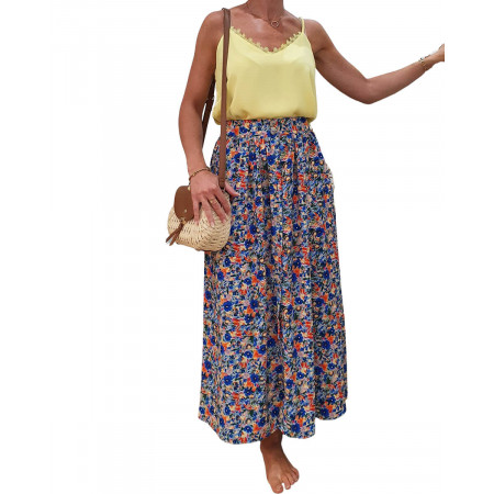 Jupe longue boutonnée sur le devant imprimé floral bleu et orange
