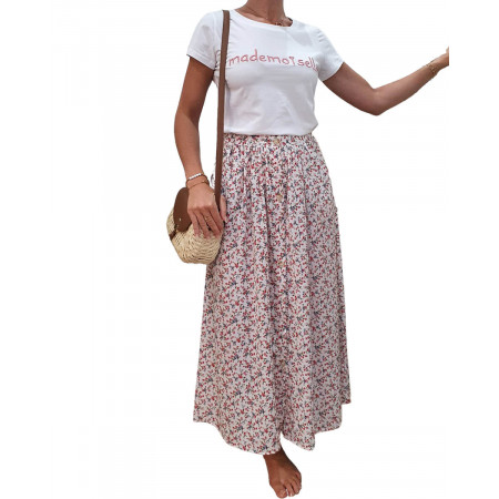 Jupe longue boutonnée sur le devant imprimé floral rouge et vert