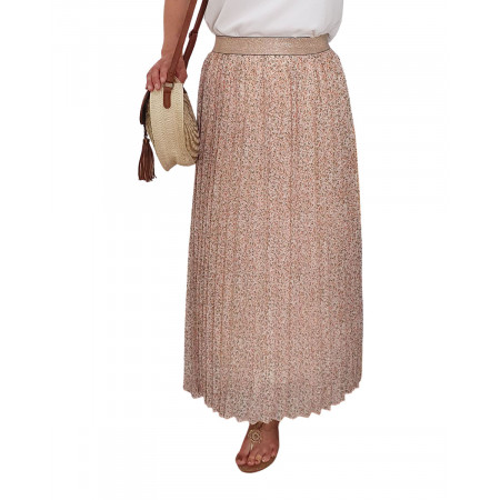 Jupe longue plissée beige petites fleurs corail