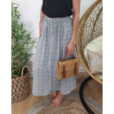 Jupe femme mi-longue boutonnée noire petites fleurs blanches