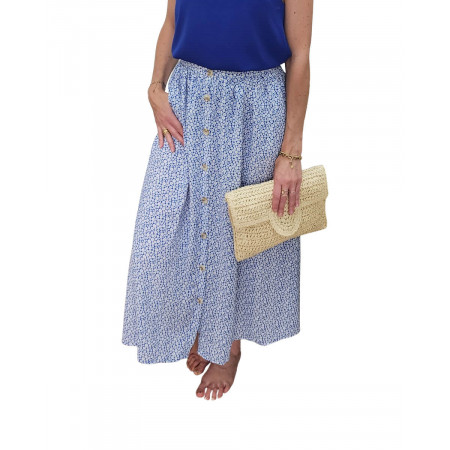 Jupe femme mi-longue boutonnée bleu roi petites fleurs blanches