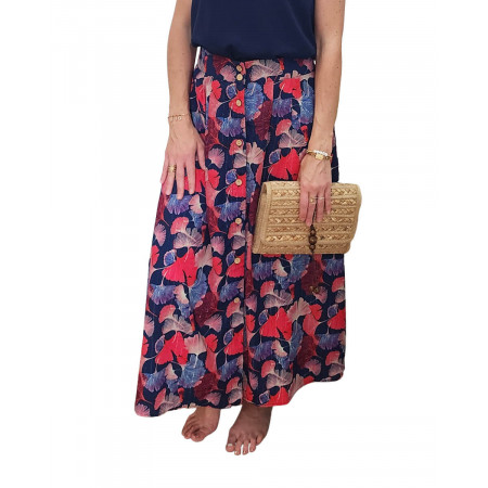 Jupe femme longue grande taille boutonnée liseré argent