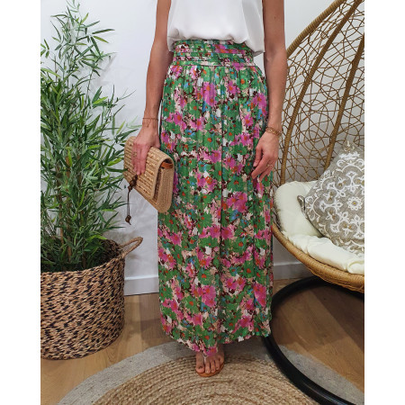 Jupe femme longue verte boutonnée liseré doré