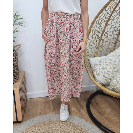 Jupe femme mi-longue boutonnée petites fleurs rouges cerises et vertes