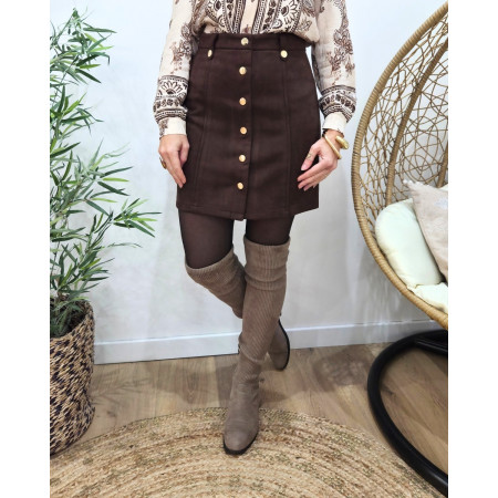 Jupe courte femme suédine marron boutons dorés
