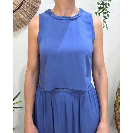 Top femme fluide torsadé uni bleu