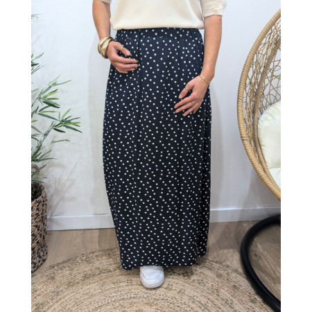 Jupe longue femme fluide marine à pois blancs