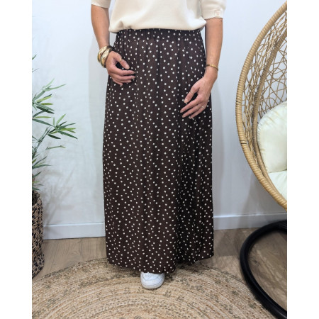 Jupe longue femme fluide marron choco à pois blancs