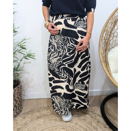Jupe longue femme fluide beige et marine à motifs Clarissa