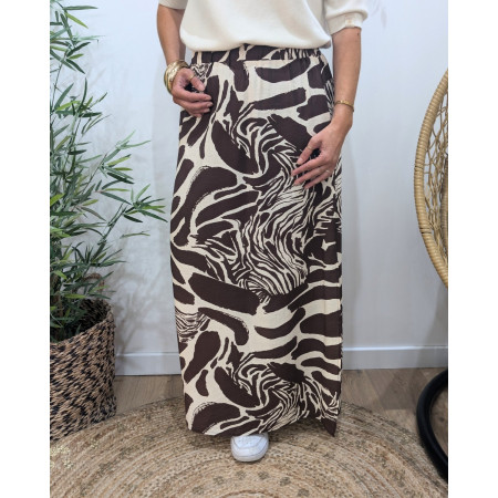 Jupe longue femme fluide beige et marron à motifs Clarissa