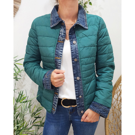 Doudoune femme vert emeraude rebords jeans