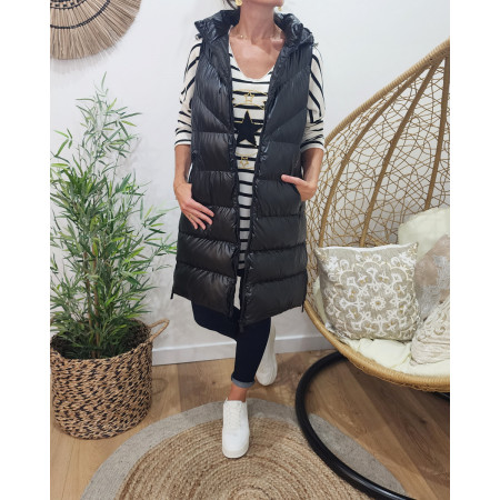 Doudoune sans manches longue femme noire à capuche