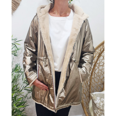 Parka femme réversible dorée fausse fourrure beige