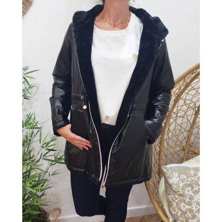 Parka femme réversible noire fausse fourrure noire