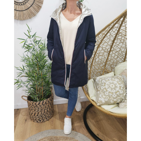 Parka doudoune femme longue épaisse réversible marine et dorée