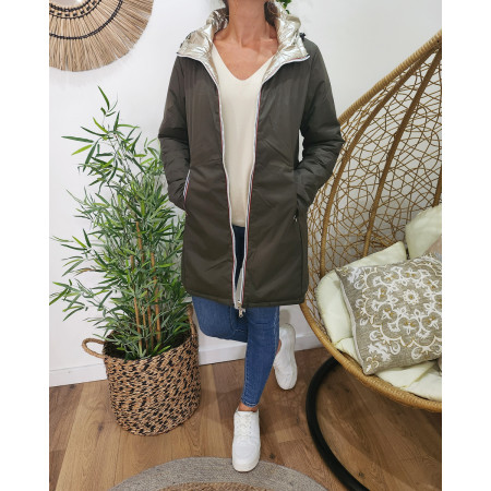 Parka doudoune femme longue épaisse réversible kaki et dorée