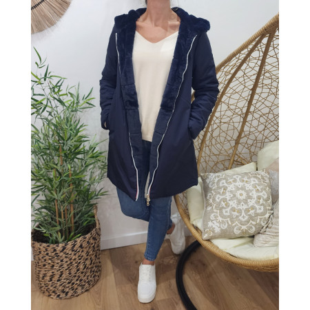 Parka femme longue réversible fausse fourrure bleu marine