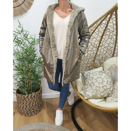 Parka femme longue réversible bronze fausse fourrure taupe