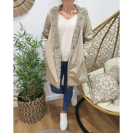 Parka femme longue réversible dorée fausse fourrure beige