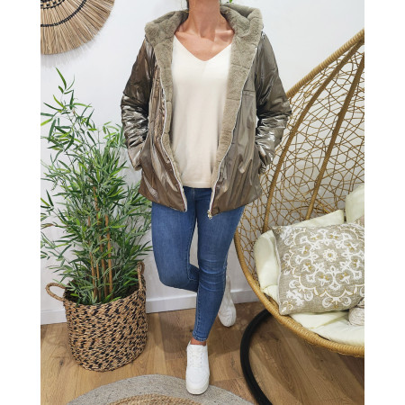 Parka femme réversible bronze fausse fourrure taupe Zola