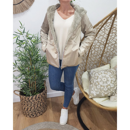 Parka femme réversible dorée fausse fourrure beige Zola