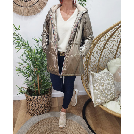 Parka femme dorée fourrée beige à capuche