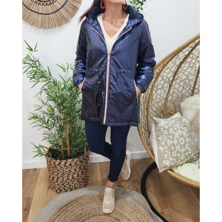 Parka femme bleu métallisé fourrée marine à capuche