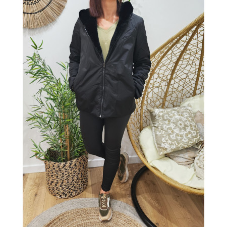 Parka femme noire réversible fausse fourrure noire Serafina