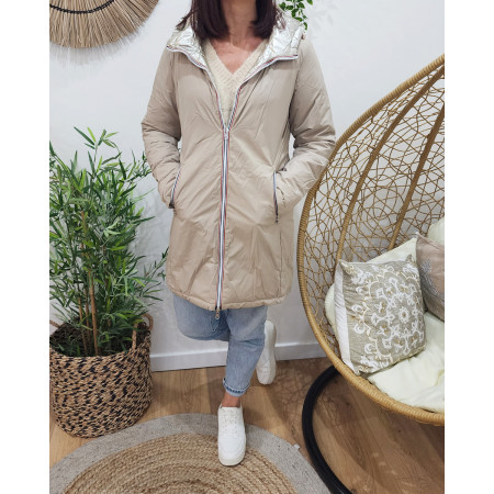 Parka doudoune femme longue épaisse réversible beige et dorée