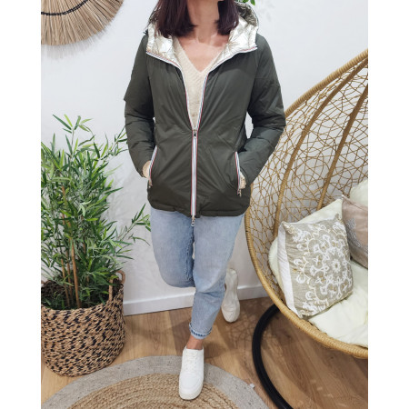 Parka doudoune femme courte épaisse réversible kaki et dorée