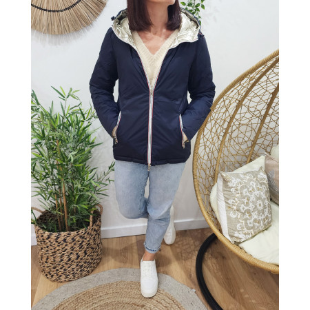 Parka doudoune femme courte épaisse réversible marine et dorée