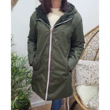 Parka femme kaki réversible fausse fourrure Armanda